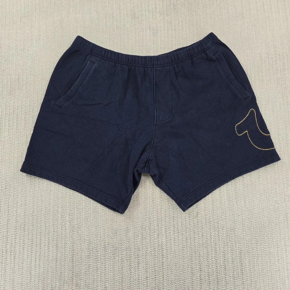 True Religion Shorts Mens XL Blue Fleece Sweat Drawstring Logo Casual Streetwear